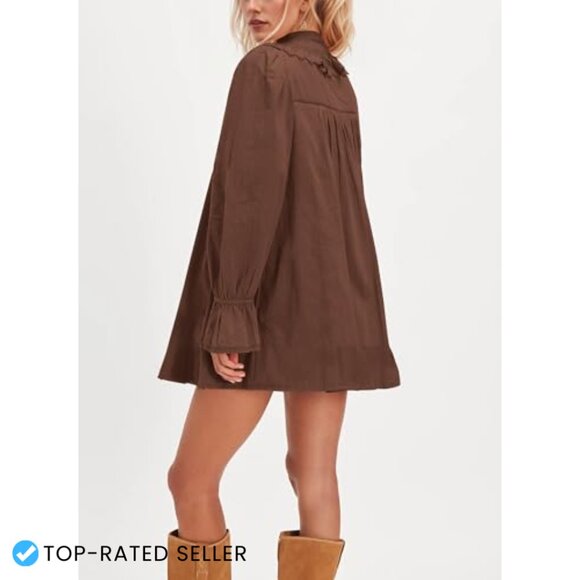 V-Neck Babydoll Dress Lace Trim Puff Sleeve Flowy Mini A-Line Tunic - Picture 4 of 5